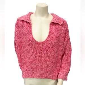 Free People Pink Collared Deep V Sweater L Marled Knit Pullover Boho Top